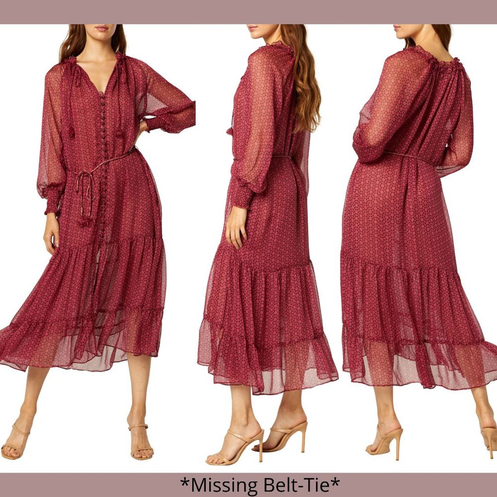 NEW MISA [ Large ] Louisa Floral Long Sleeve‎ Chiffon Midi Dress in Cardinal